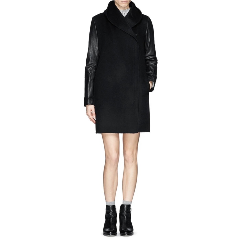 VINCE • Black Leather-Sleeve Shawl Collar Wool Trench Coat, XS - Picture 15 of 15